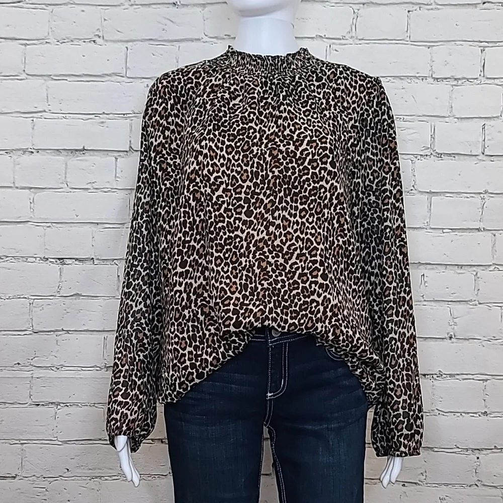 J Crew Long Sleeve Leopard Smocked Mock Neck Blouse/Shirt in Brown/Black - NWT